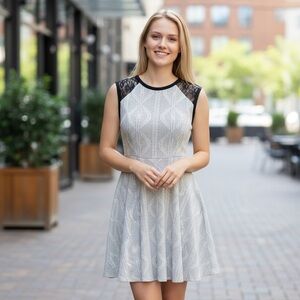 Monteau Los Angeles Black Lace and Cream Geometric Fit & Flare Dress Size Large 